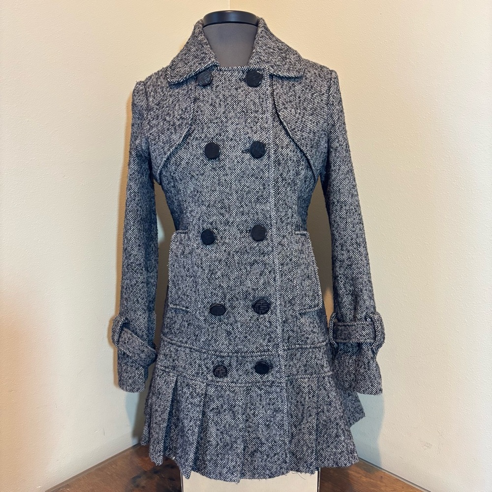 Guess Women's Gray Tweed Herringbone Double-Breasted Skirted Wool Coat, Medium
